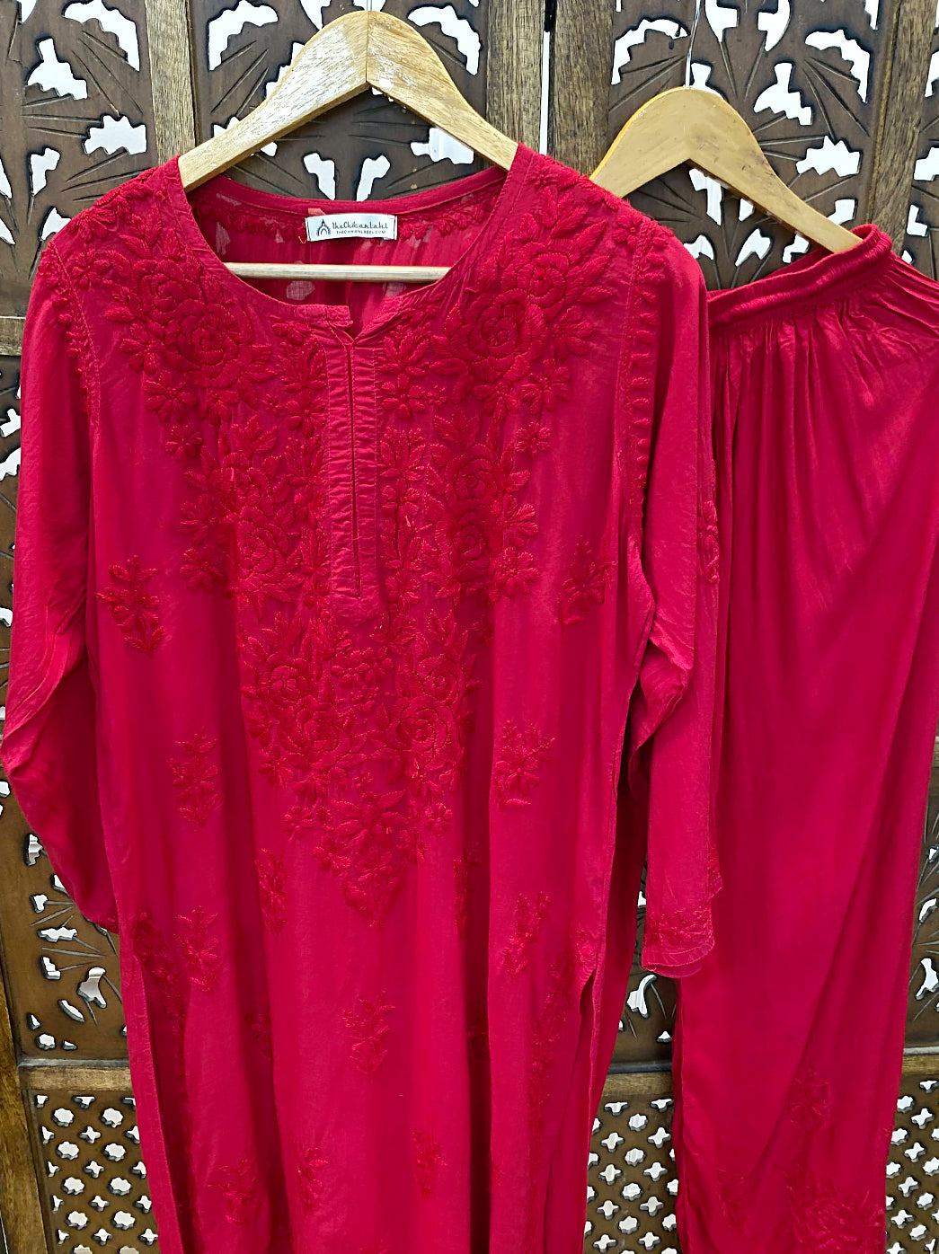 Amaaya Modal Chikankari Kurta Palazzo Set - Red