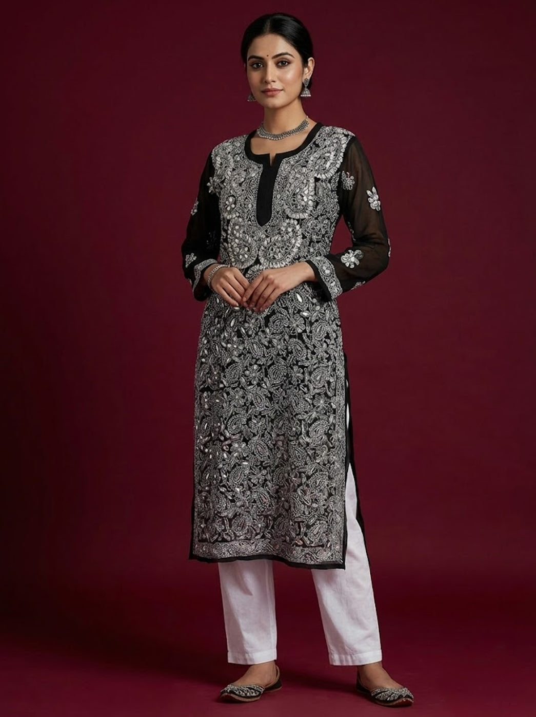 Black Georgette Chikankari Straight Kurti