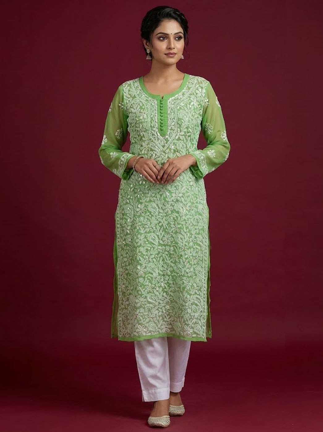 Pista Green Georgette Chikankari Straight Kurti