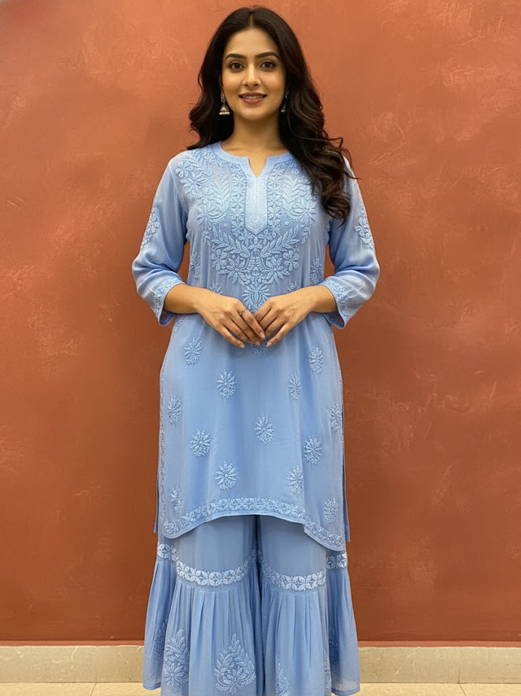 Blue Viscose Chikankari Straight Kurti Garara Set