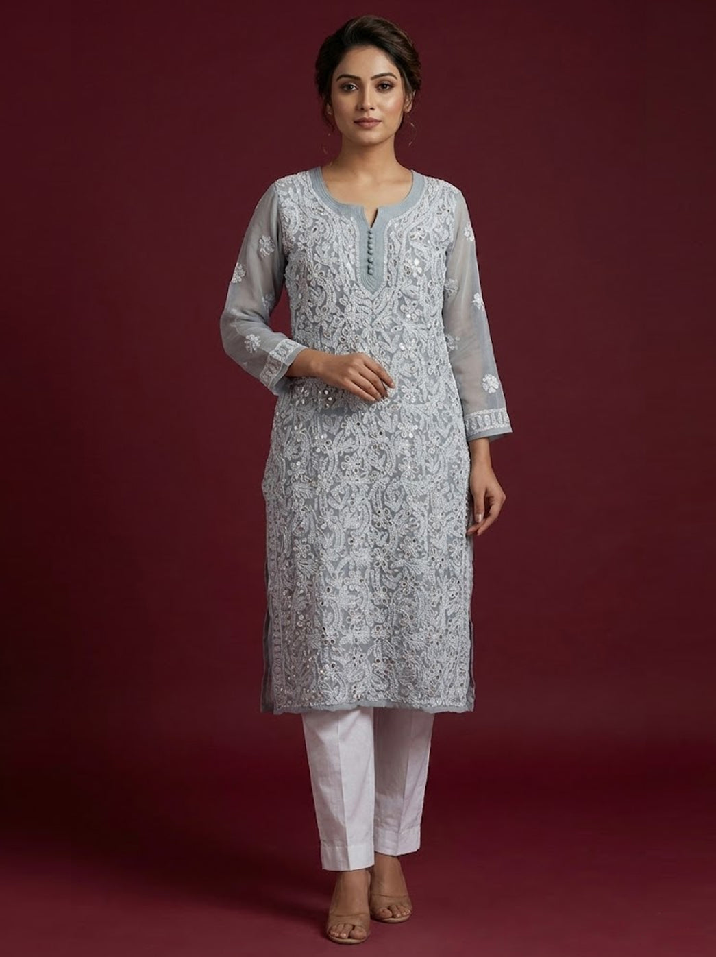 Grey Georgette Chikankari Straight Kurti