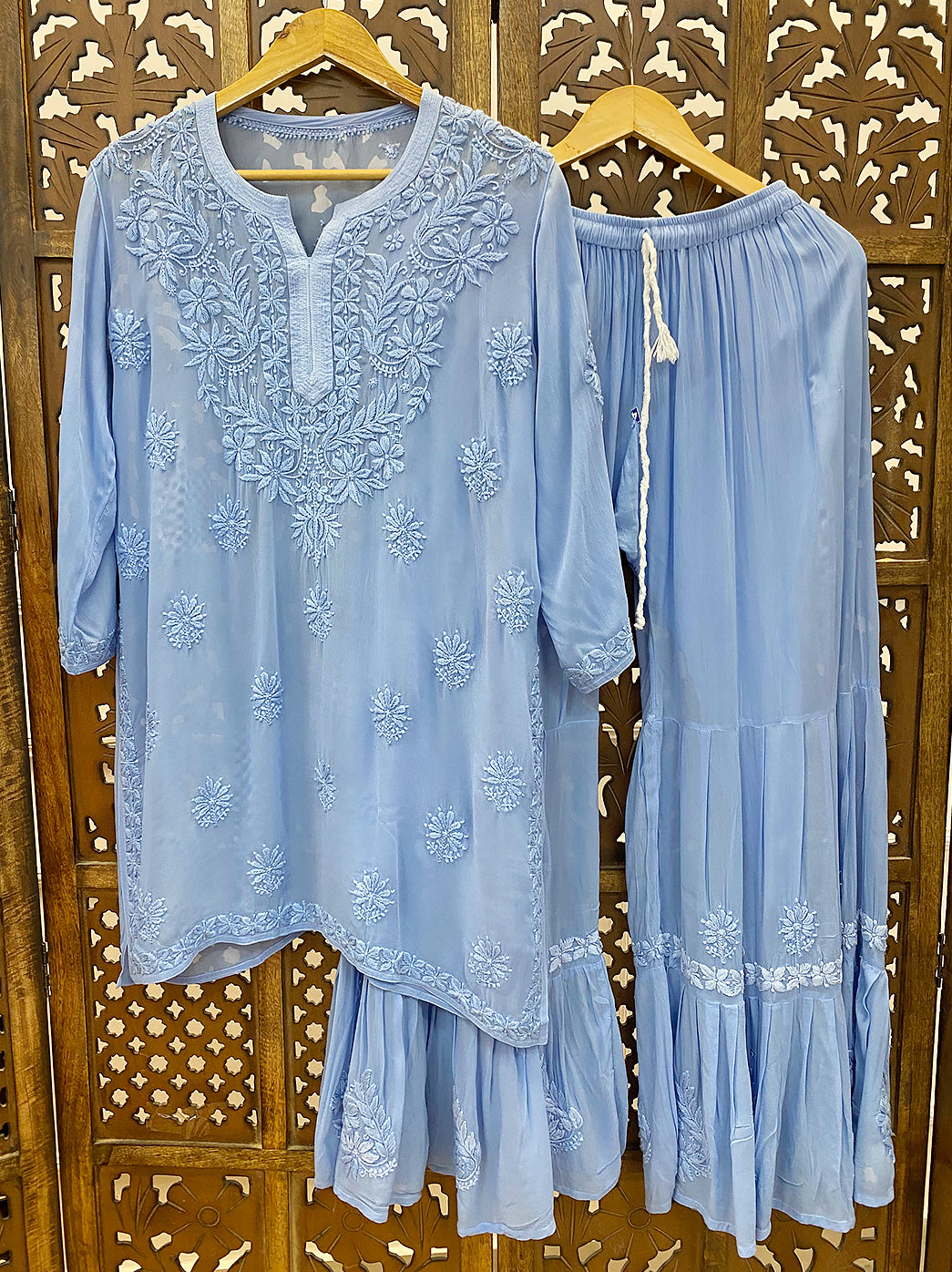 Blue Viscose Chikankari Straight Kurti Garara Set