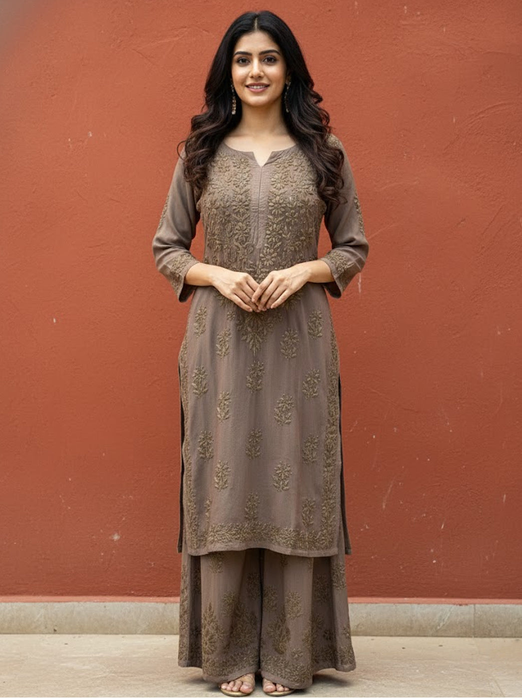 Choco Rayon Chikankari Kurti Palazzo Set