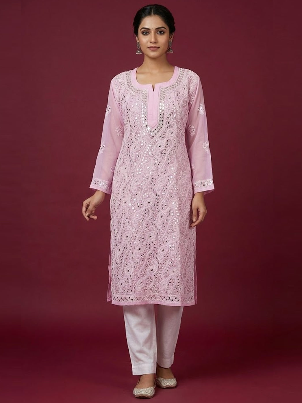 Baby Pink Georgette Chikankari Straight Kurti