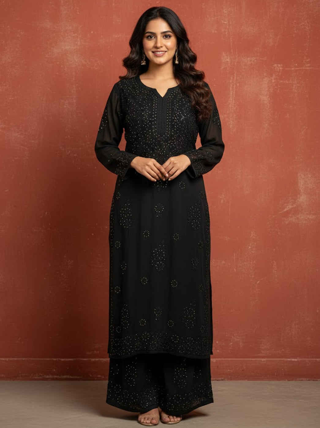 Black Viscose Chikankari Straight Kurta Set