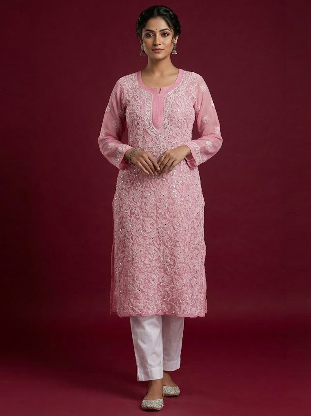 Baby Pink Georgette Chikankari Straight Kurti