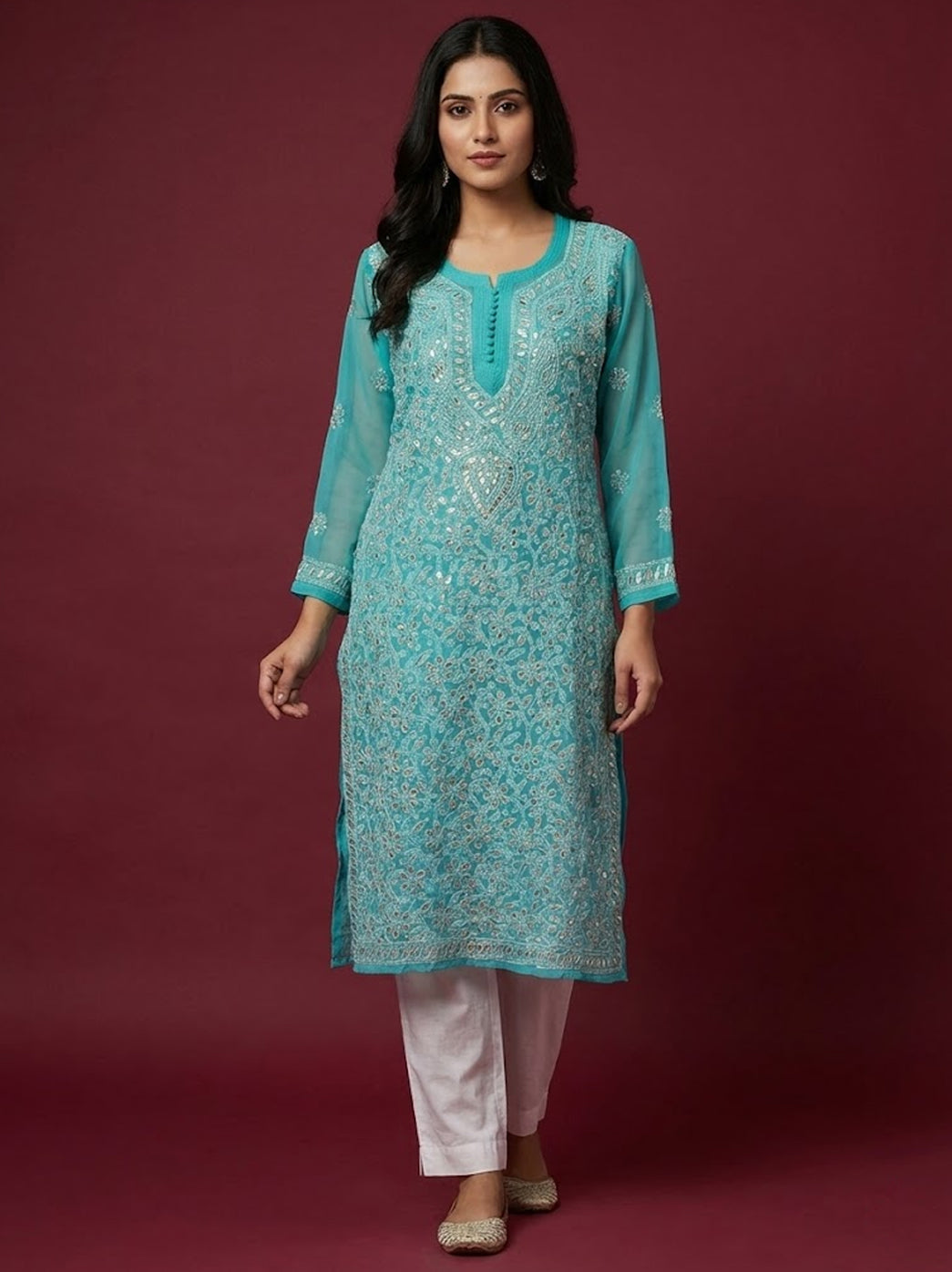 Sky Blue Georgette Chikankari Straight Kurti