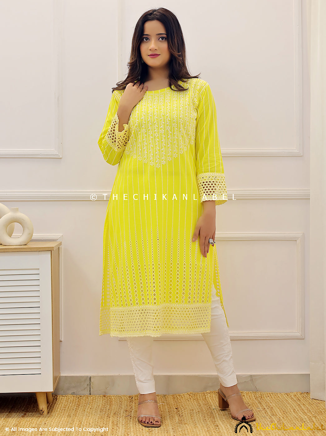 Yellow Cotton Chikankari Straight Kurti