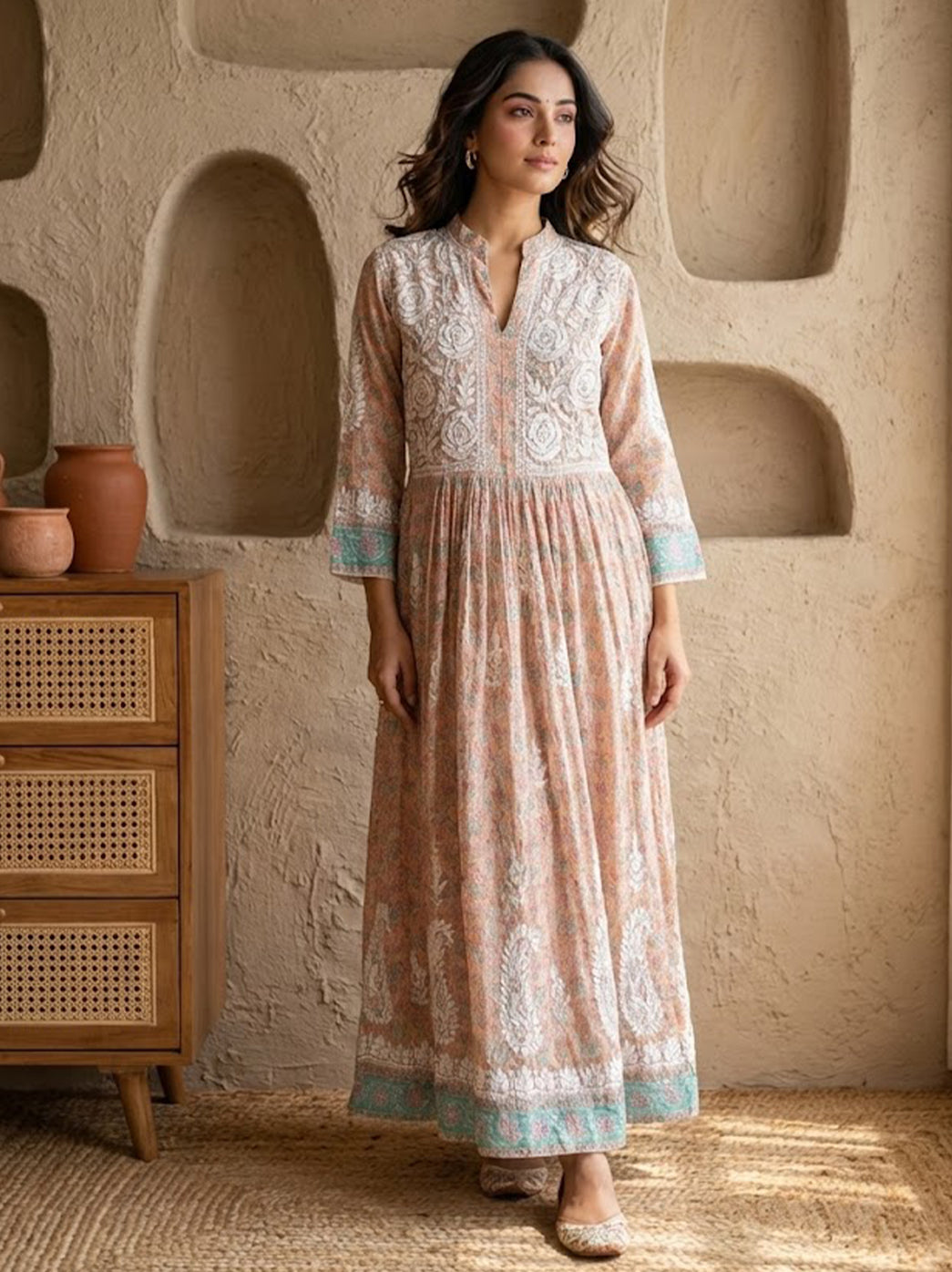 Peach Mulmul Chikankari Anarkali Kurti