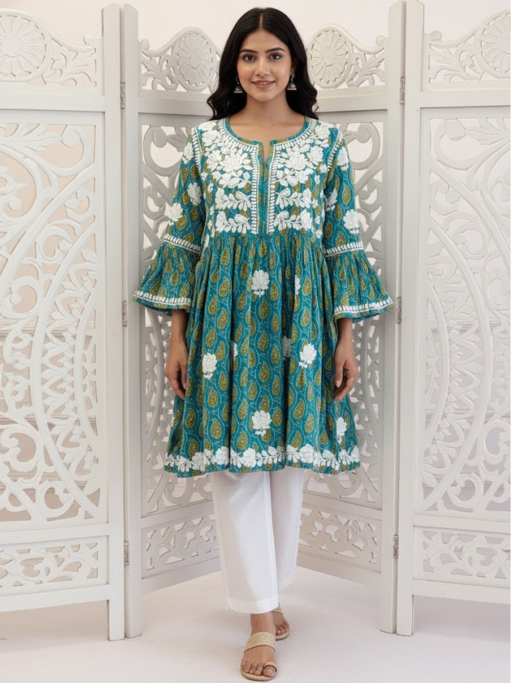 Sea Green Aamira Mulmul Printed Chikankari Peplum Top