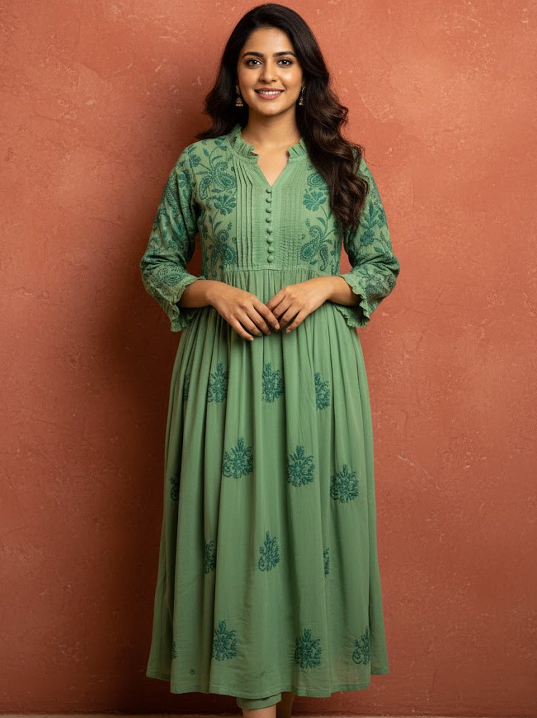 Green Modal Chikankari A-Line Kurti