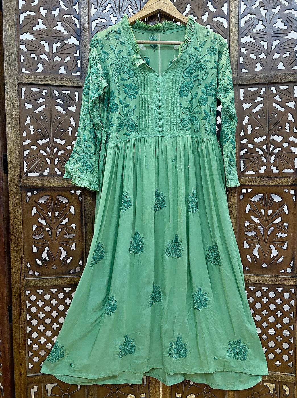 Green Modal Chikankari A-Line Kurti