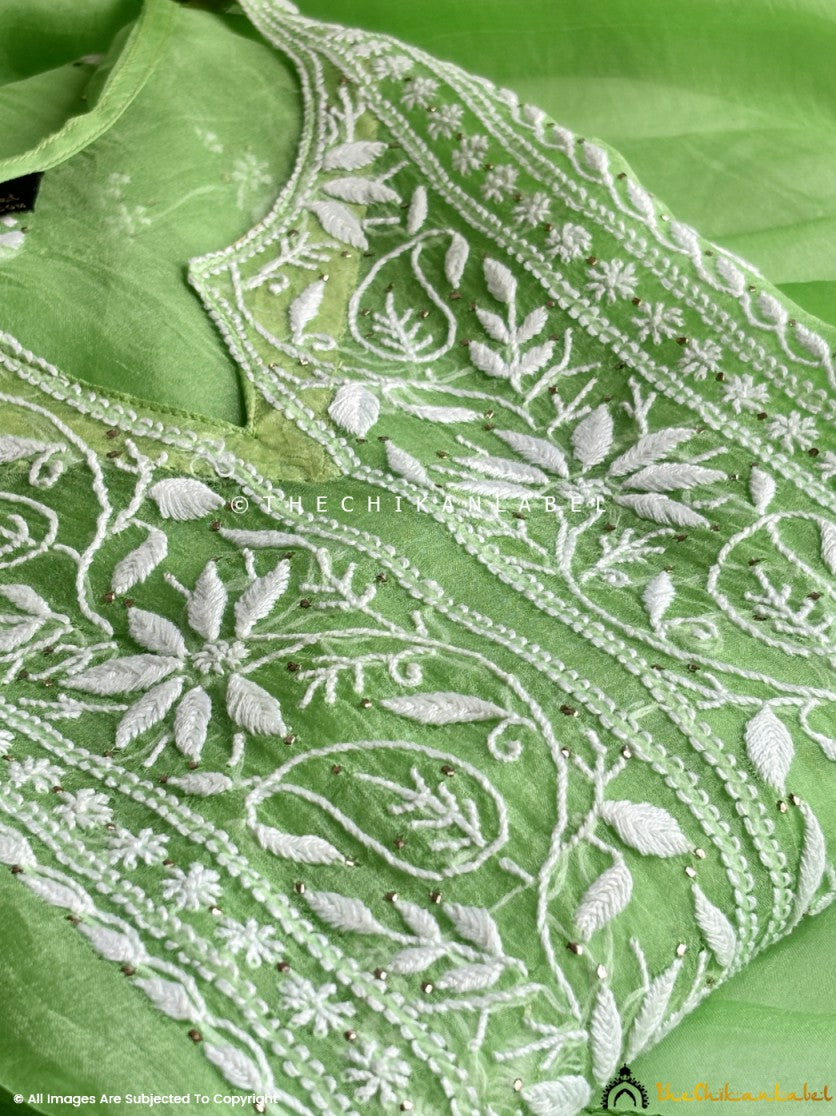 Green Tahilya Stitched Pure Organza Chikankari Suit