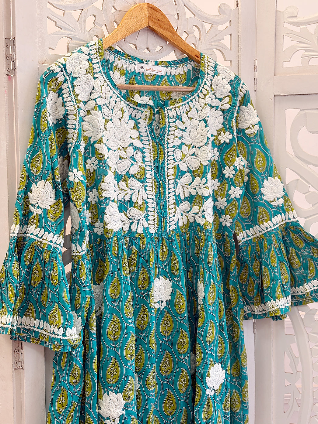 Sea Green Aamira Mulmul Printed Chikankari Peplum Top