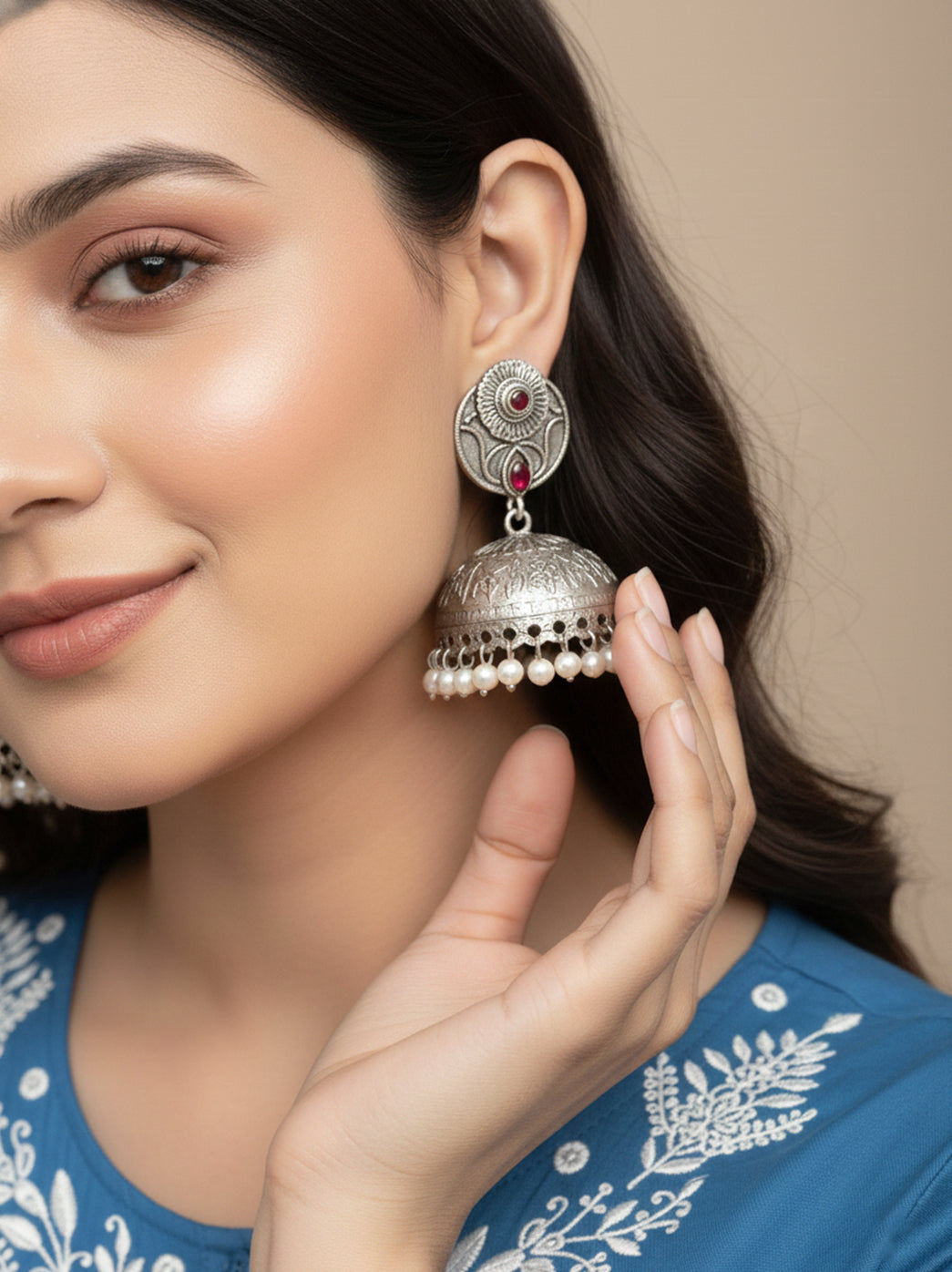 Oxidized Handcrafted Red Kundan Jhumka Earring with Pearl