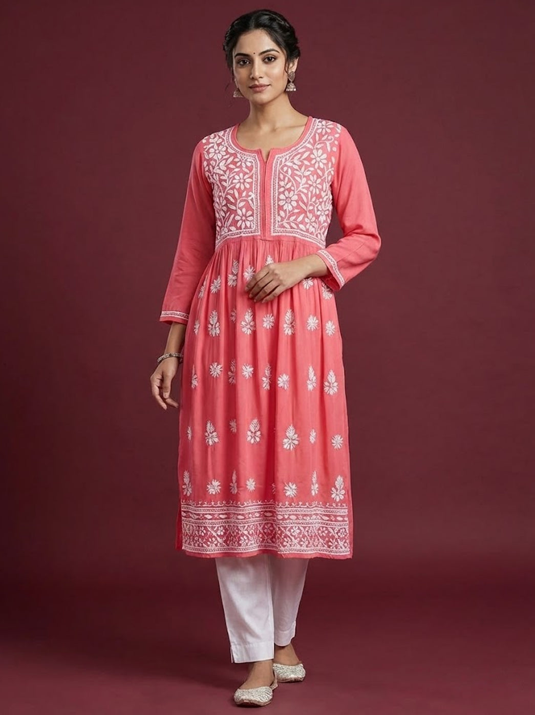 Peach Rayon Chikankari Anarkali Kurti