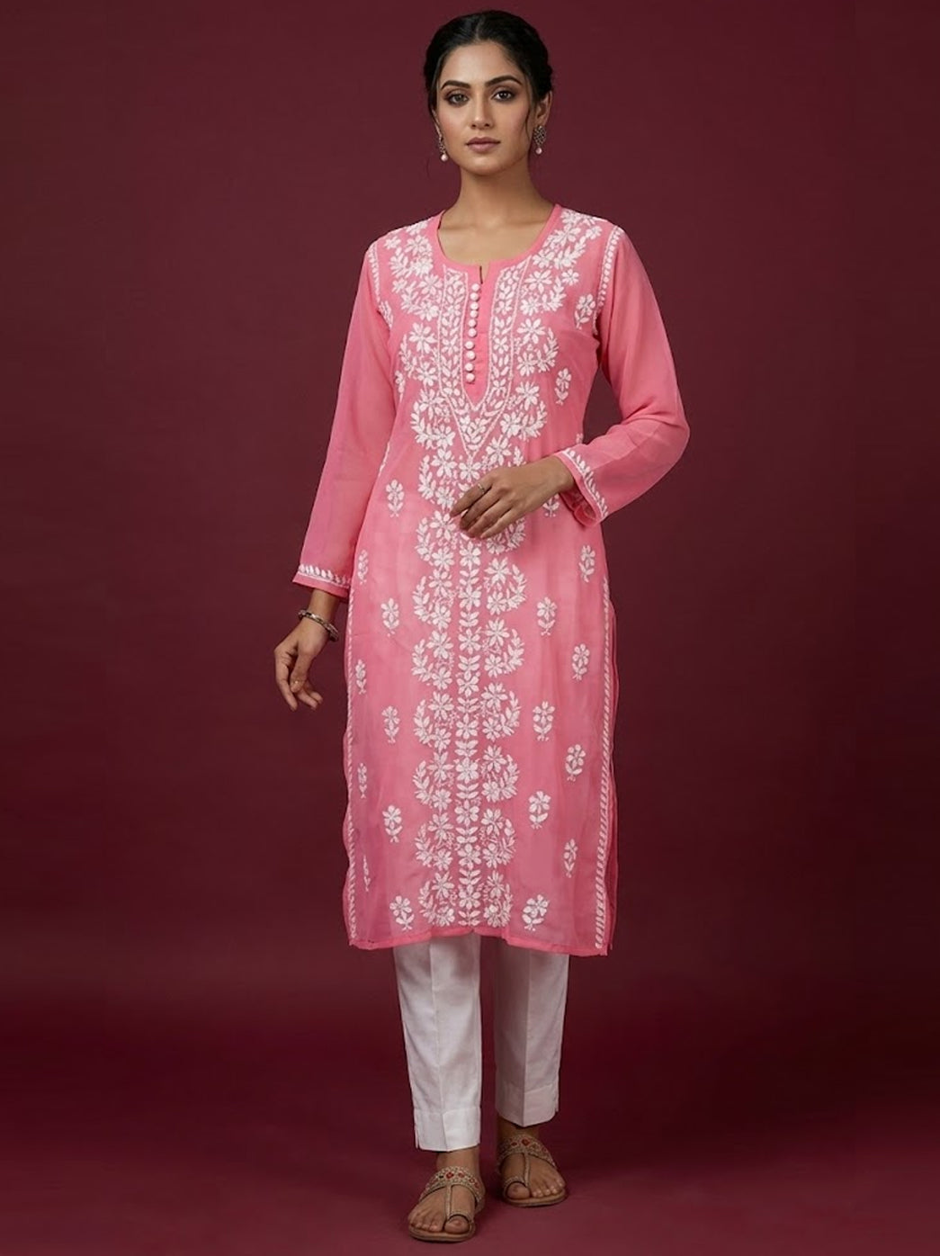 Peach Georgette Chikankari Straight Kurti