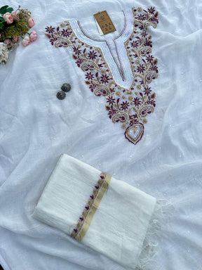 White Naji Chanderi Mulmul Semi-Stitched Kurti Piece With dupatta