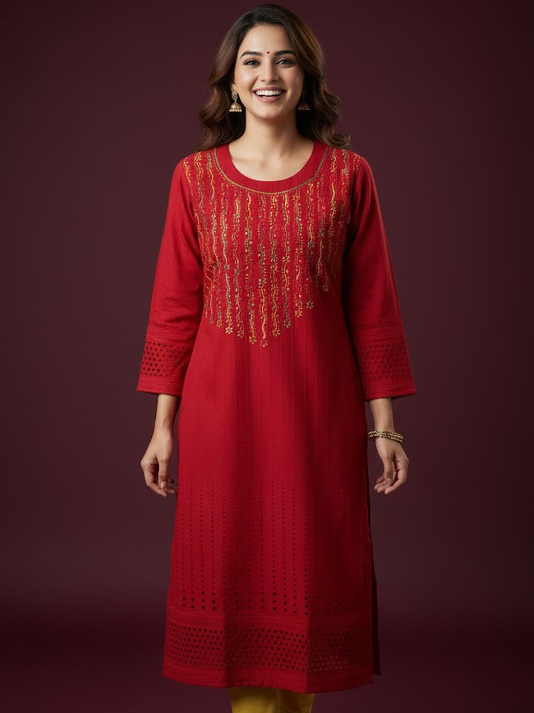 Red Cotton Chikankari Straight Kurti