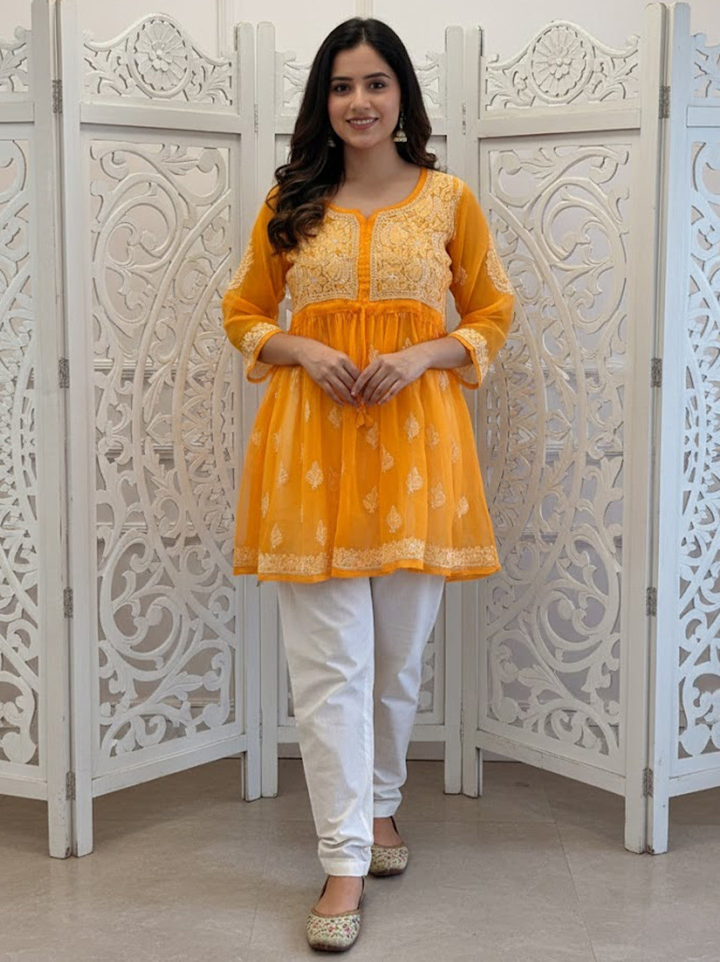 Yellow Georgette Chikankari Tunic Top