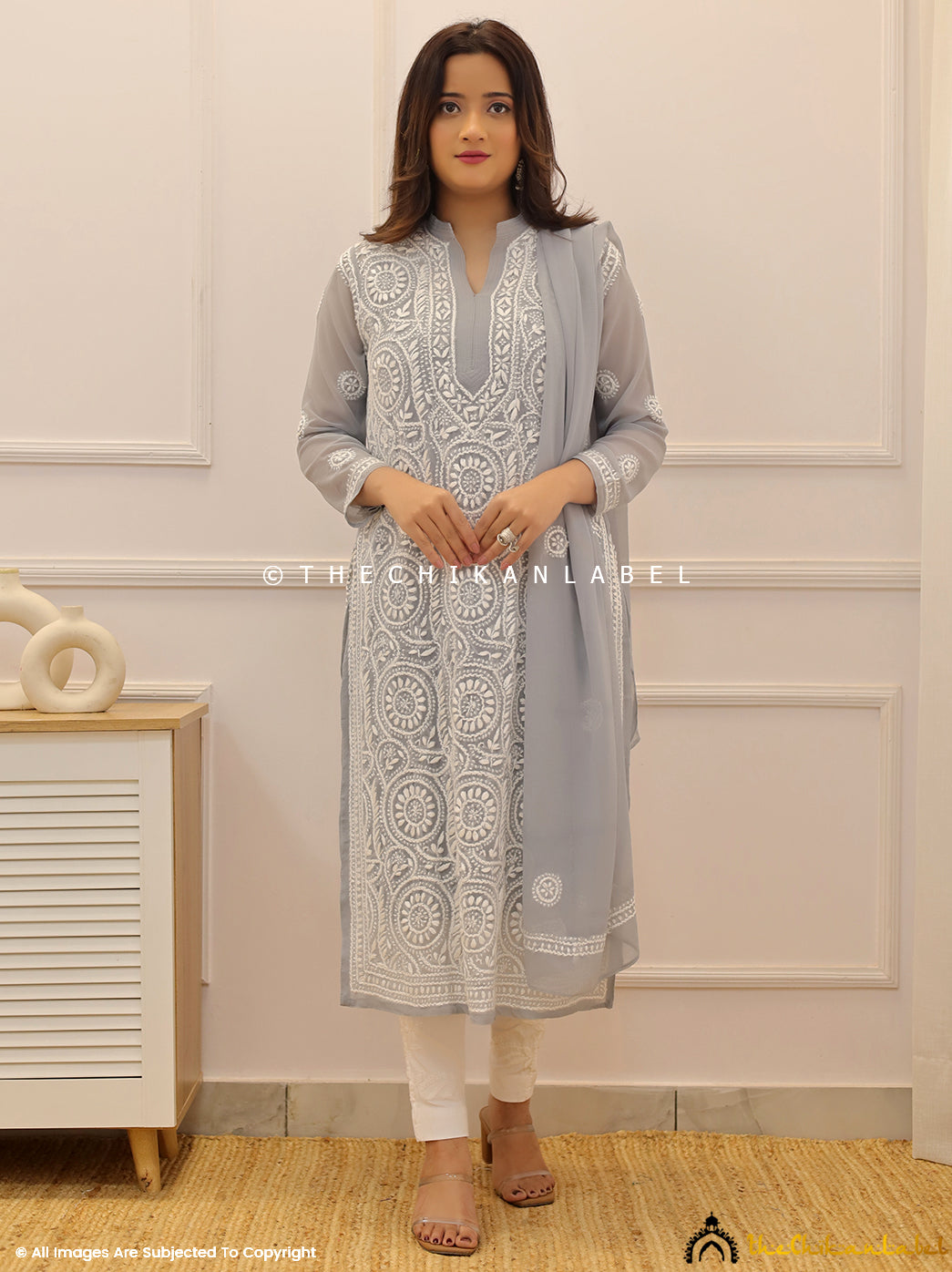 Grey Georgette Chikankari Straight Kurti with Dupatta