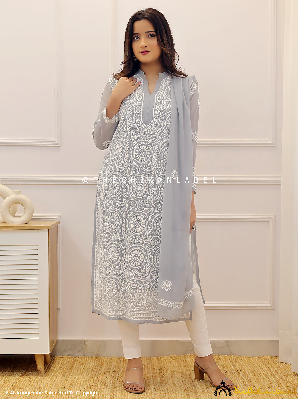 Grey Georgette Chikankari Straight Kurti with Dupatta