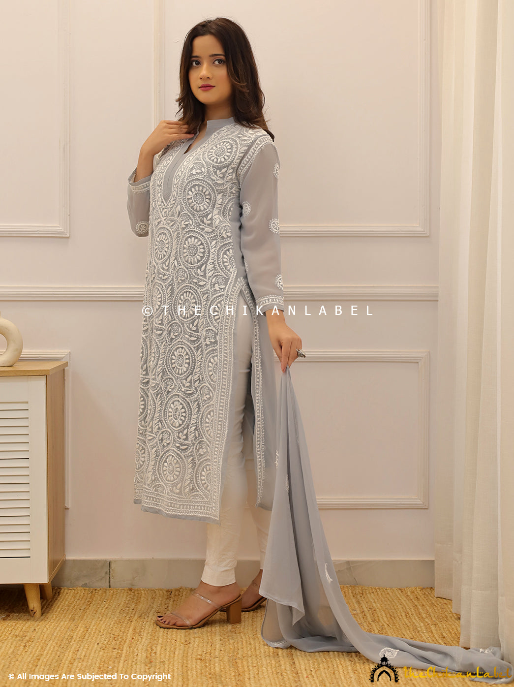 Grey Georgette Chikankari Straight Kurti with Dupatta