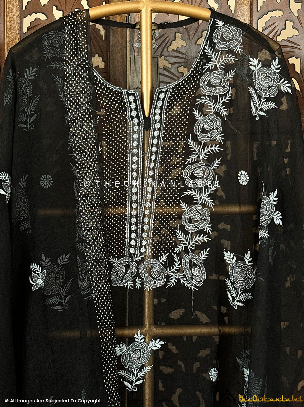 Black Mahnoor Semi-Stitched Organza Chikankari Suit
