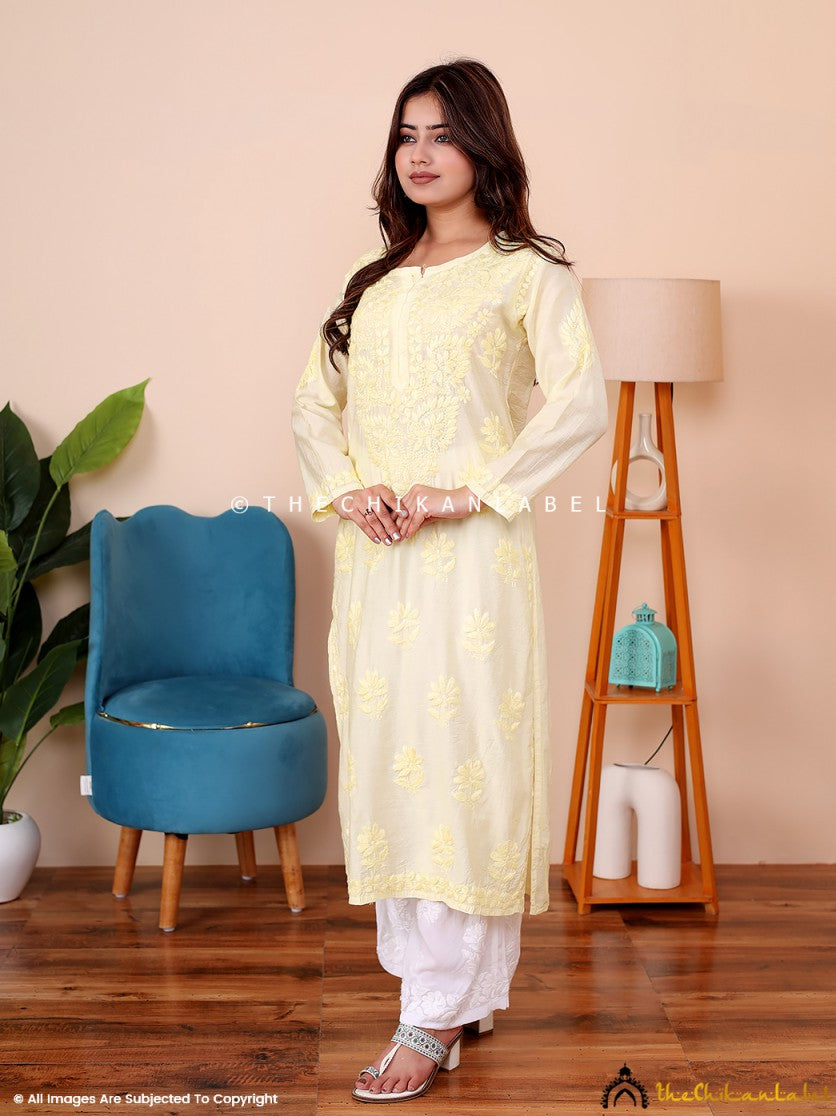 Yellow Rahima Chanderi Chikankari Straight Kurti