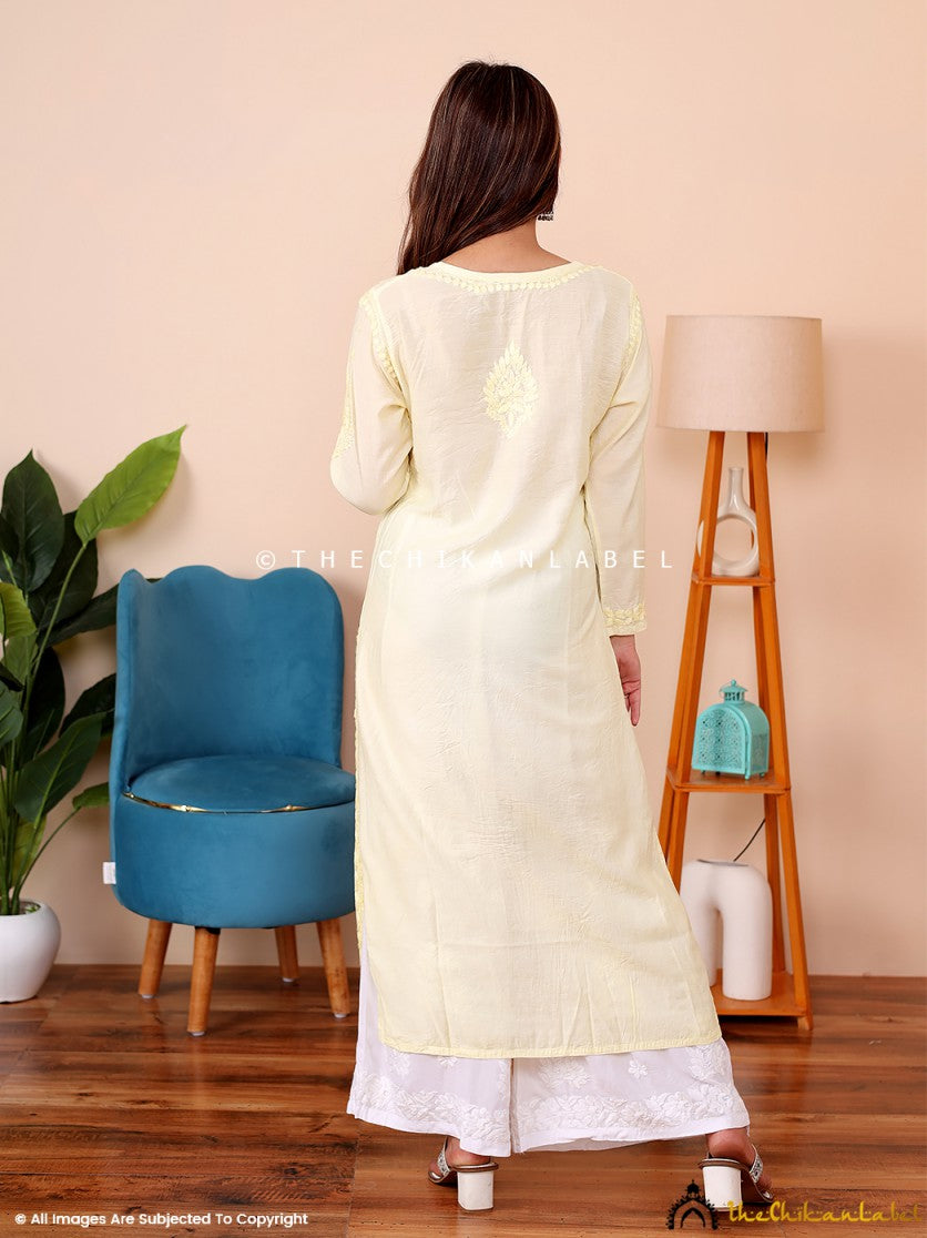 Yellow Rahima Chanderi Chikankari Straight Kurti