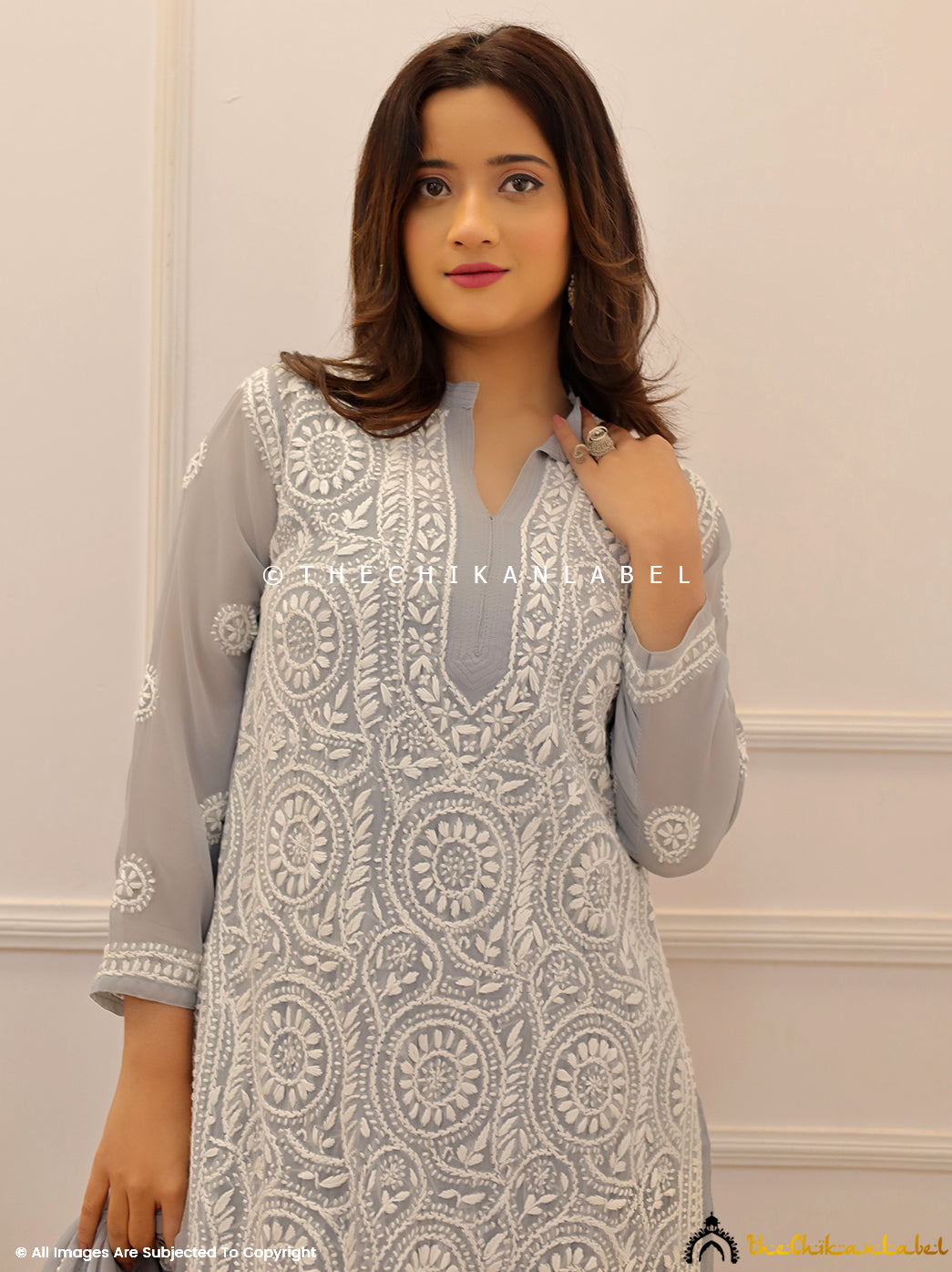 Grey Georgette Chikankari Straight Kurti with Dupatta