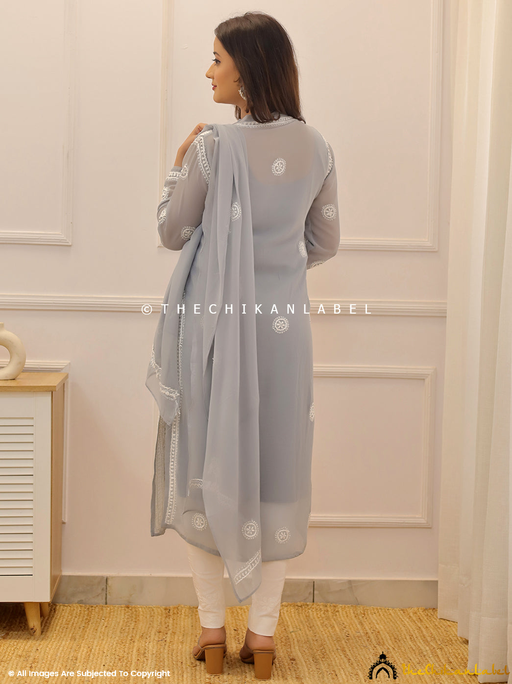 Grey Georgette Chikankari Straight Kurti with Dupatta