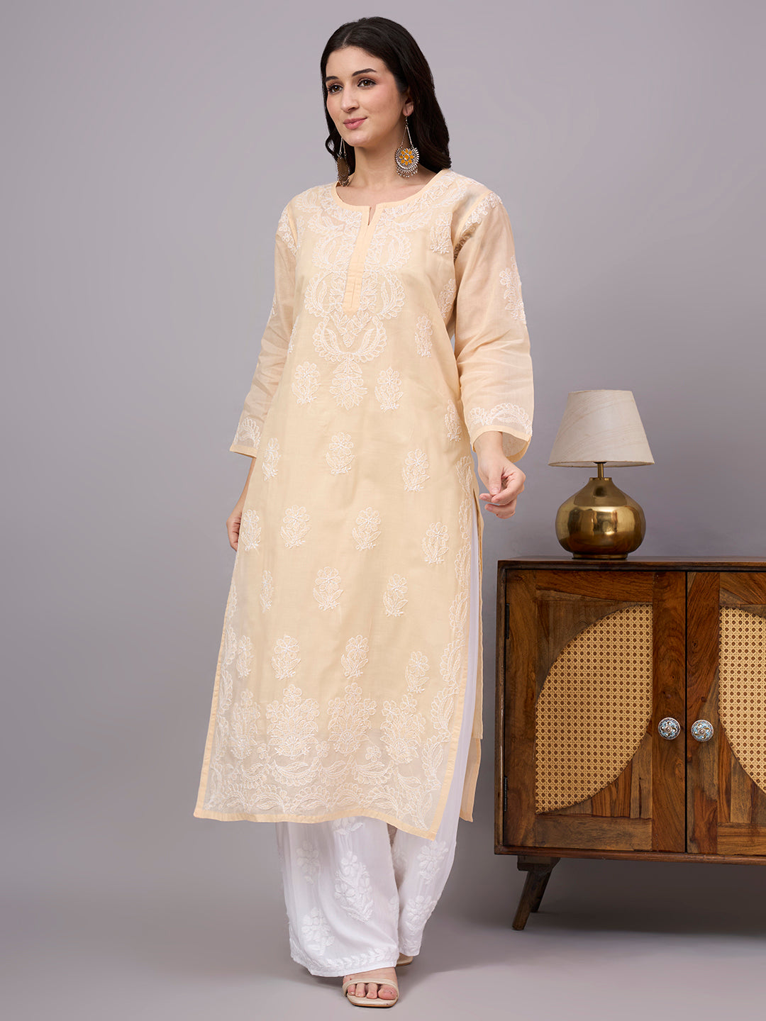 Women's Cotton Straight Kurti with authentic handcrafted Chikankari embroidery and soft inner lining, designed for comfortable regular wear, office wear, and casual ethnic styling.