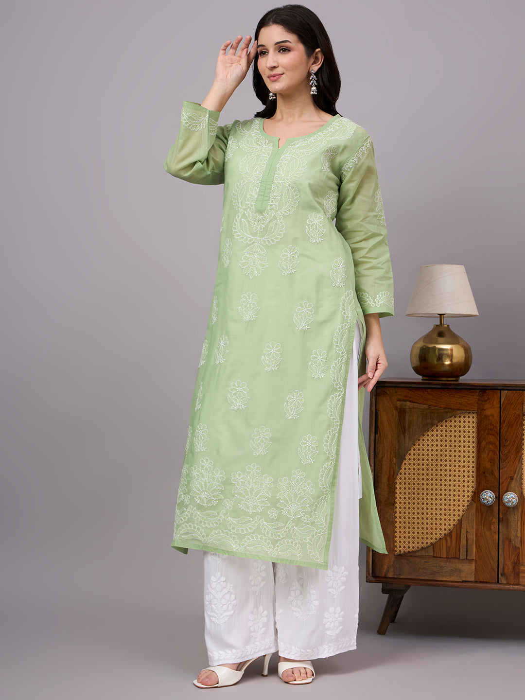 Premium Cotton Straight Kurti showcasing handcrafted Chikankari embroidery with a classic straight fit, soft inner lining, and versatile ethnic styling.