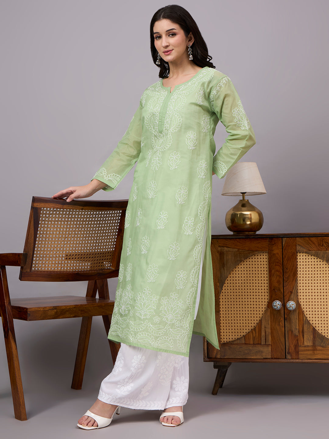Traditional Cotton Straight Kurti featuring authentic handcrafted Chikankari work, soft cotton inner, and timeless ethnic elegance for women.