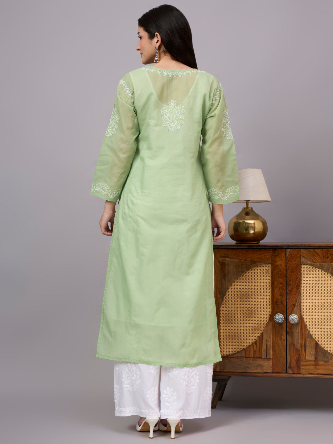 Women's ethnic Cotton kurta with inner featuring authentic Lucknow Chikankari craftsmanship, elegant embroidery, and breathable cotton for effortless everyday style.