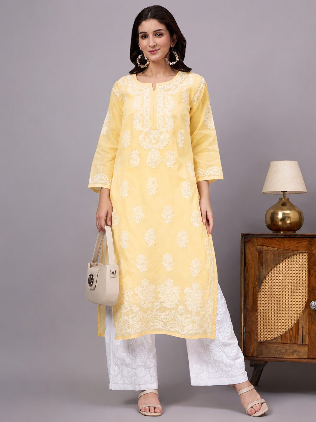 Traditional Cotton kurta with inner featuring artisan-crafted Chikankari embroidery, straight-cut design, and lightweight comfort for modern ethnic wardrobes.