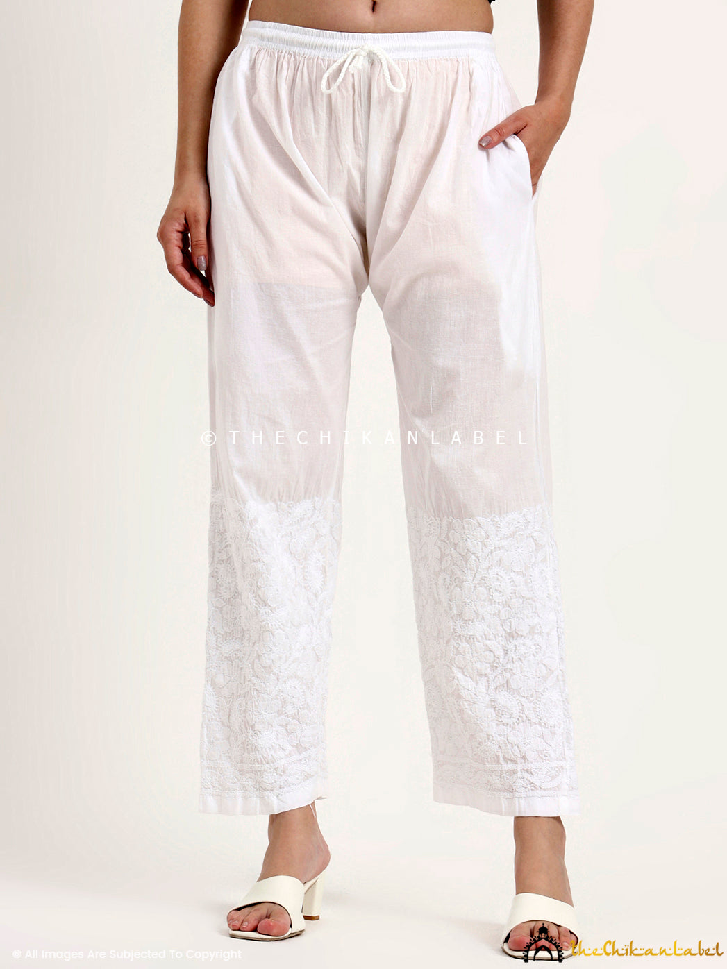 Elegant cotton chikankari palazzo for women featuring intricate hand embroidery and comfortable fit.