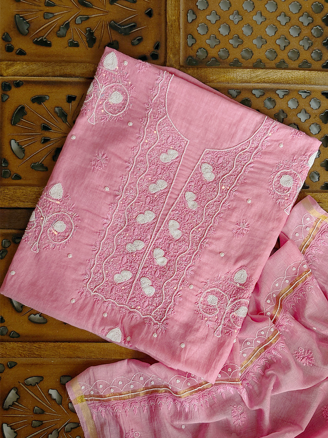 Mul Chanderi unstitched kurti piece with chikankari embroidery and matching dupatta for ethnic wear.