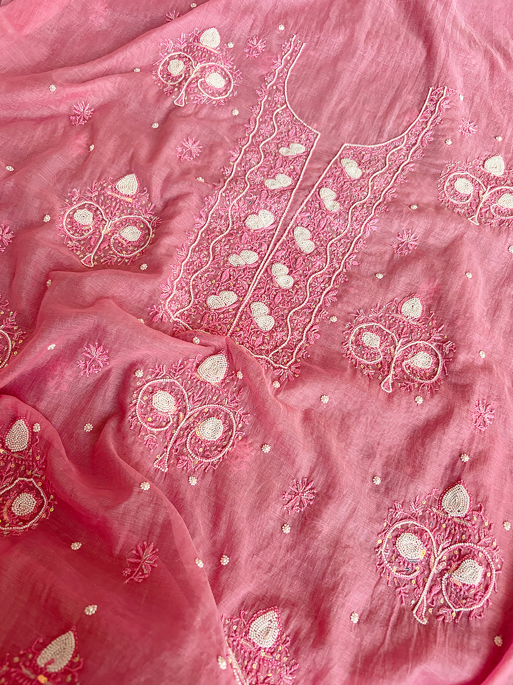 Premium Mul Chanderi kurti fabric unstitched with hand-embroidered chikankari motifs and dupatta.