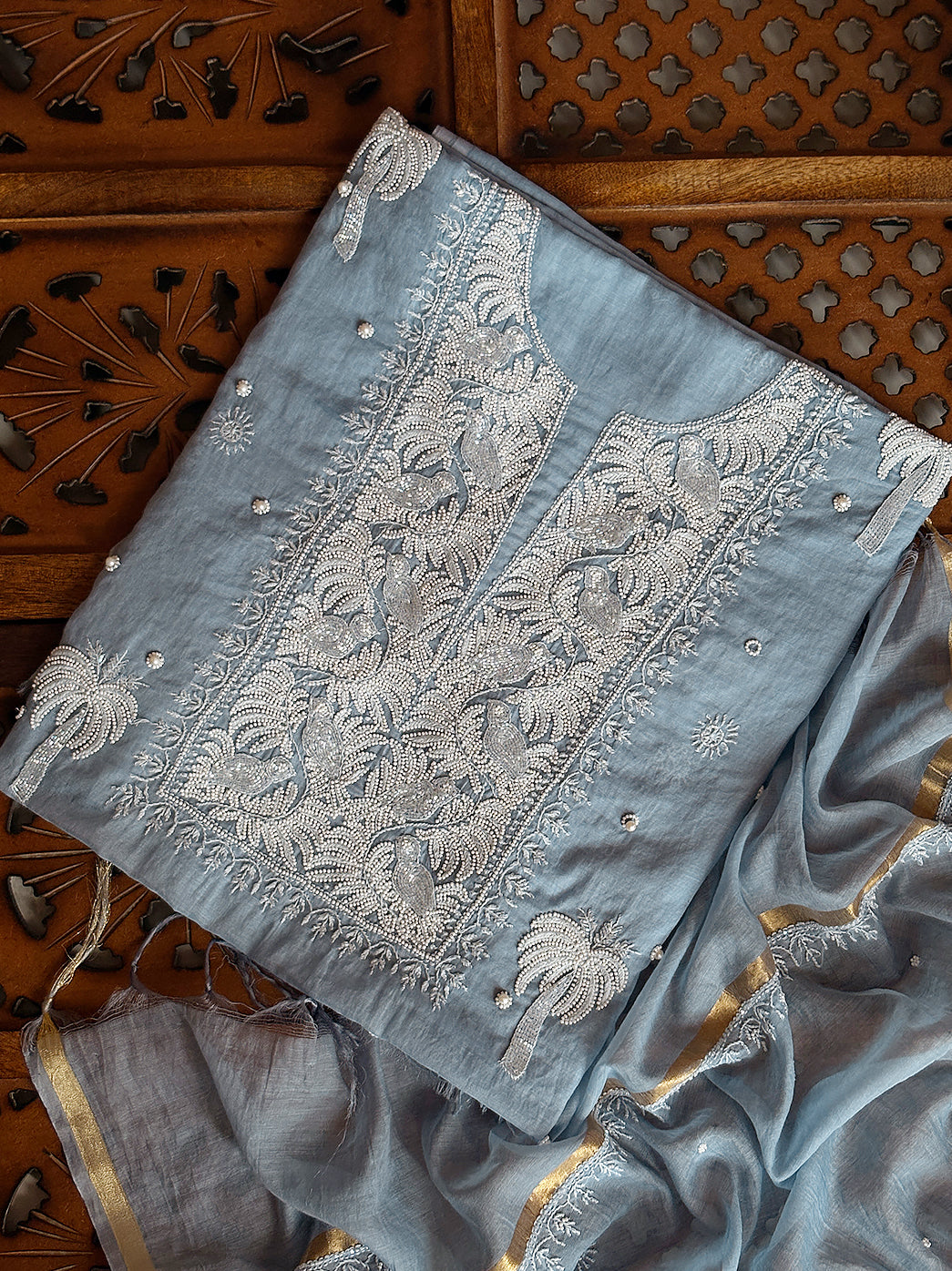 Mul Chanderi unstitched kurti piece with chikankari embroidery and matching dupatta for ethnic wear.