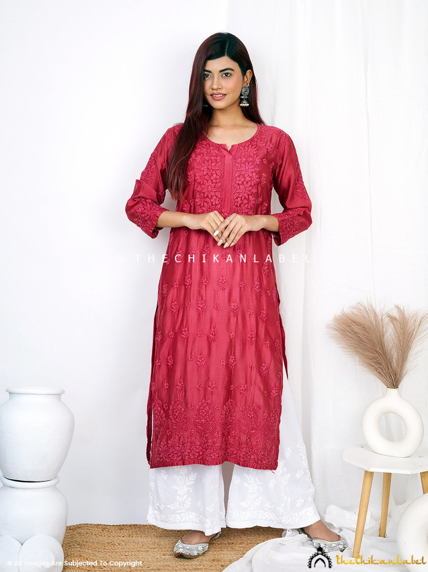 “Chanderi straight chikankari kurti with authentic Lucknowi hand embroidery for women’s ethnic wear”