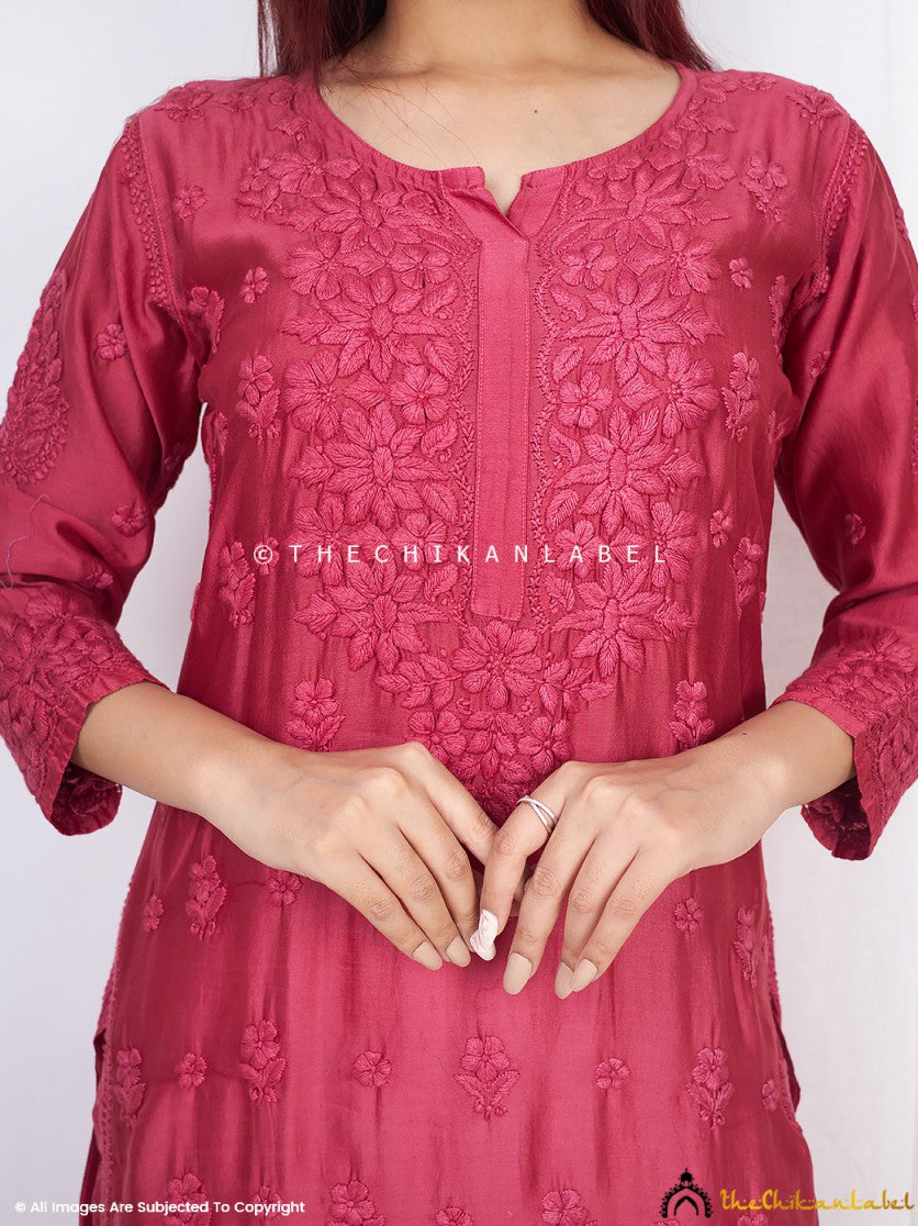 “Elegant straight cut chikankari kurti in Chanderi fabric featuring handcrafted floral embroidery motifs”