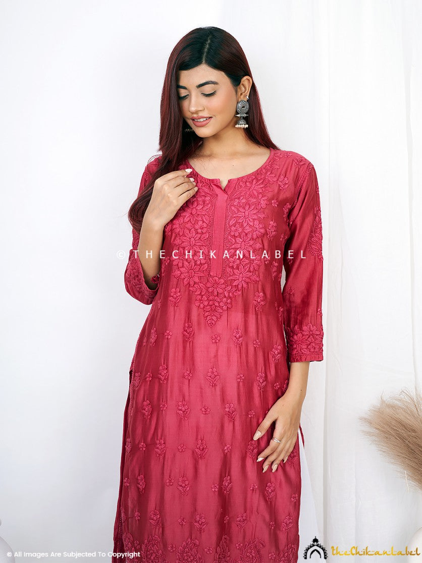 “Full-length view of Chanderi straight chikankari kurti styled with palazzo pants for festive wear”