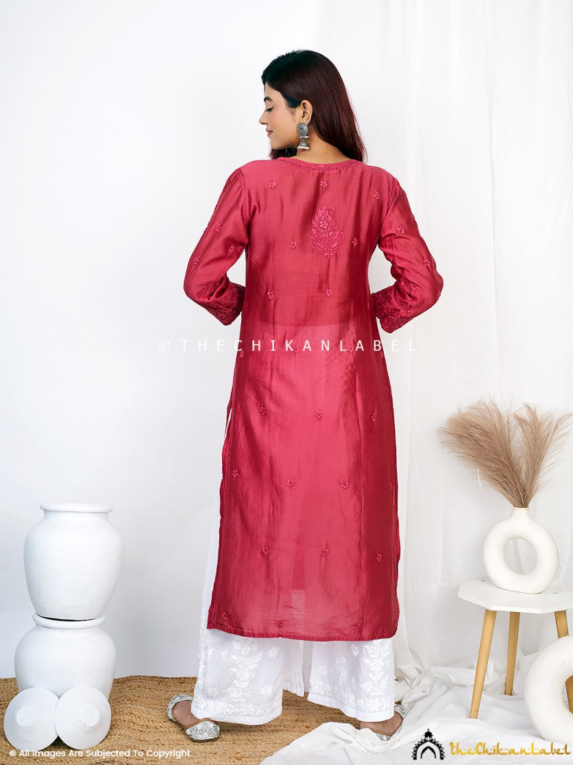 “Traditional hand-embroidered chikankari kurti in premium Chanderi fabric with straight silhouette”