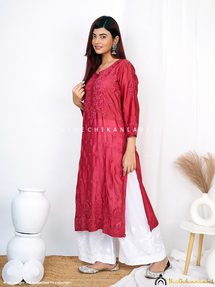 “Women’s Chanderi chikankari kurti with intricate embroidery on neckline, sleeves, and front panel”