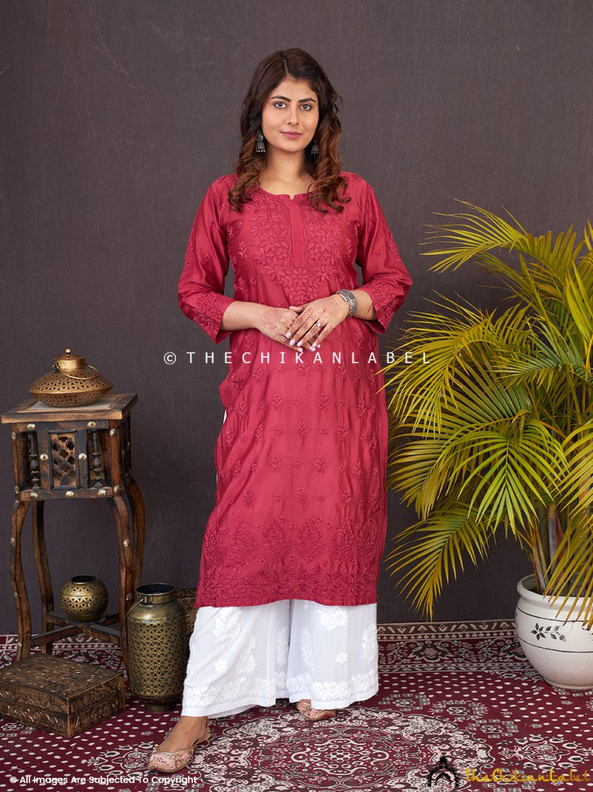“Artisan-crafted straight chikankari kurti in Chanderi fabric for office wear and ethnic styling”