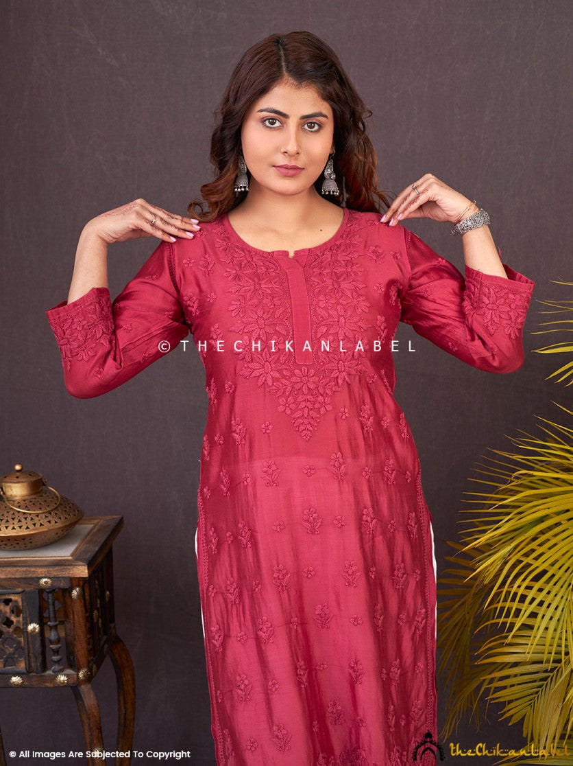 “Chanderi chikankari kurti with delicate hand embroidery ideal for festive occasions and gatherings”