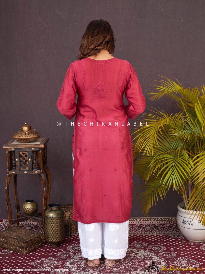 “Designer straight chikankari kurti made in Chanderi fabric with detailed embroidery work”