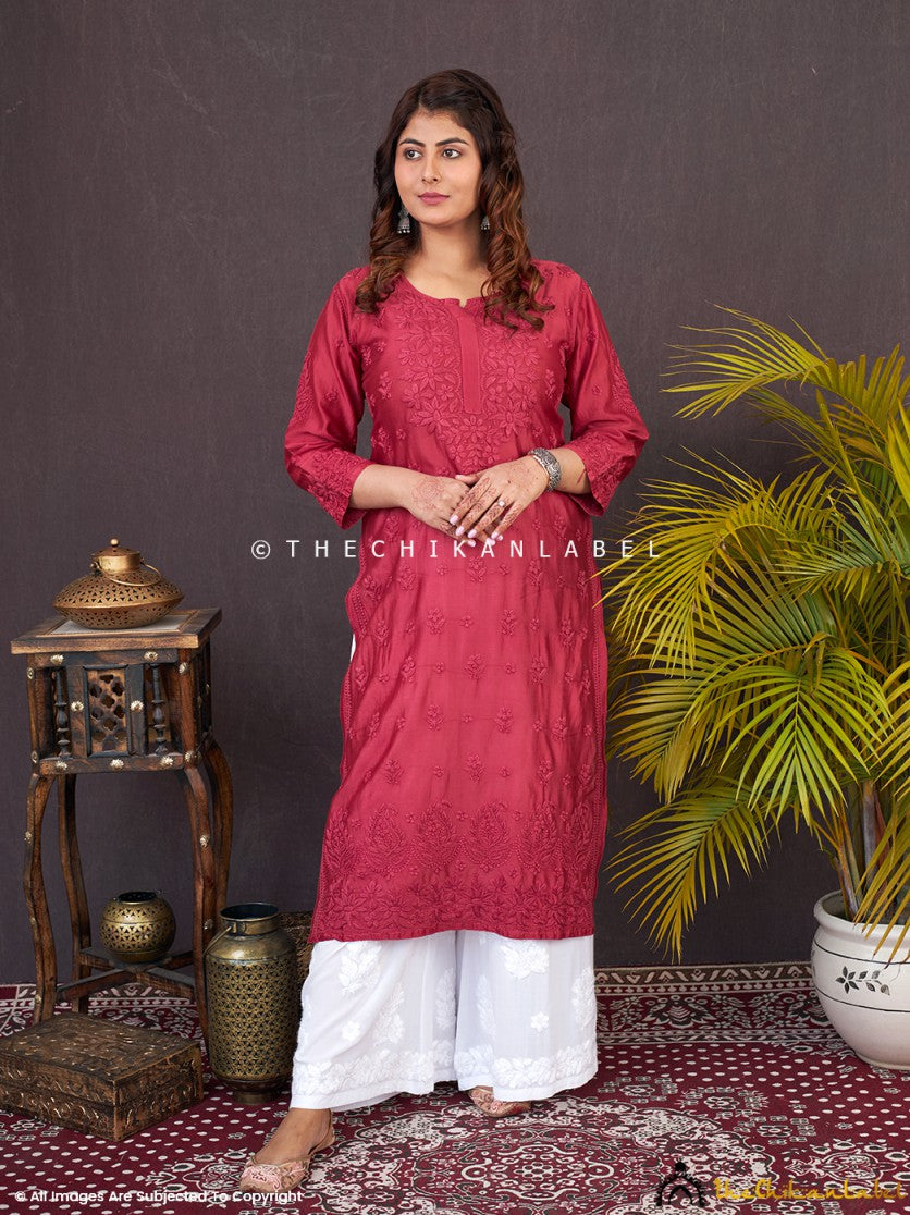 “Lightweight Chanderi fabric chikankari kurti for women featuring traditional embroidery patterns”